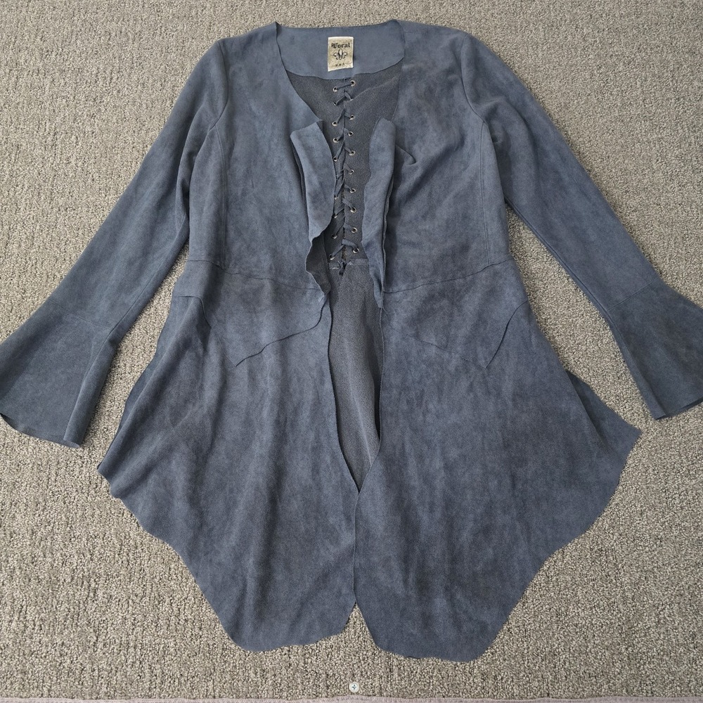Y2K Goth Grunge Lace Up Back Waterfall Cardigan Blue Faux Suede Vocal‎ USA S